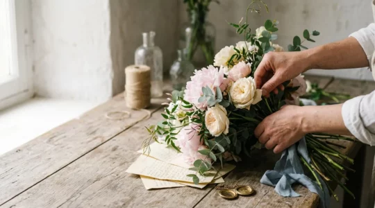 Composition florale romantique de mariage avec pivoines et roses racontant une histoire personnelle