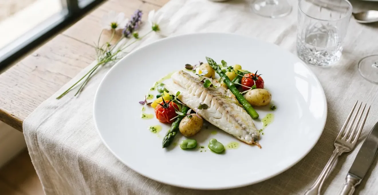 Assiette élégante présentant un plat de poisson raffiné avec légumes de saison, disposition minimaliste pour un mariage
