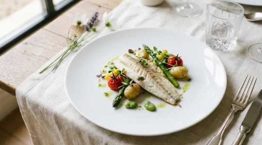 Assiette élégante présentant un plat de poisson raffiné avec légumes de saison, disposition minimaliste pour un mariage