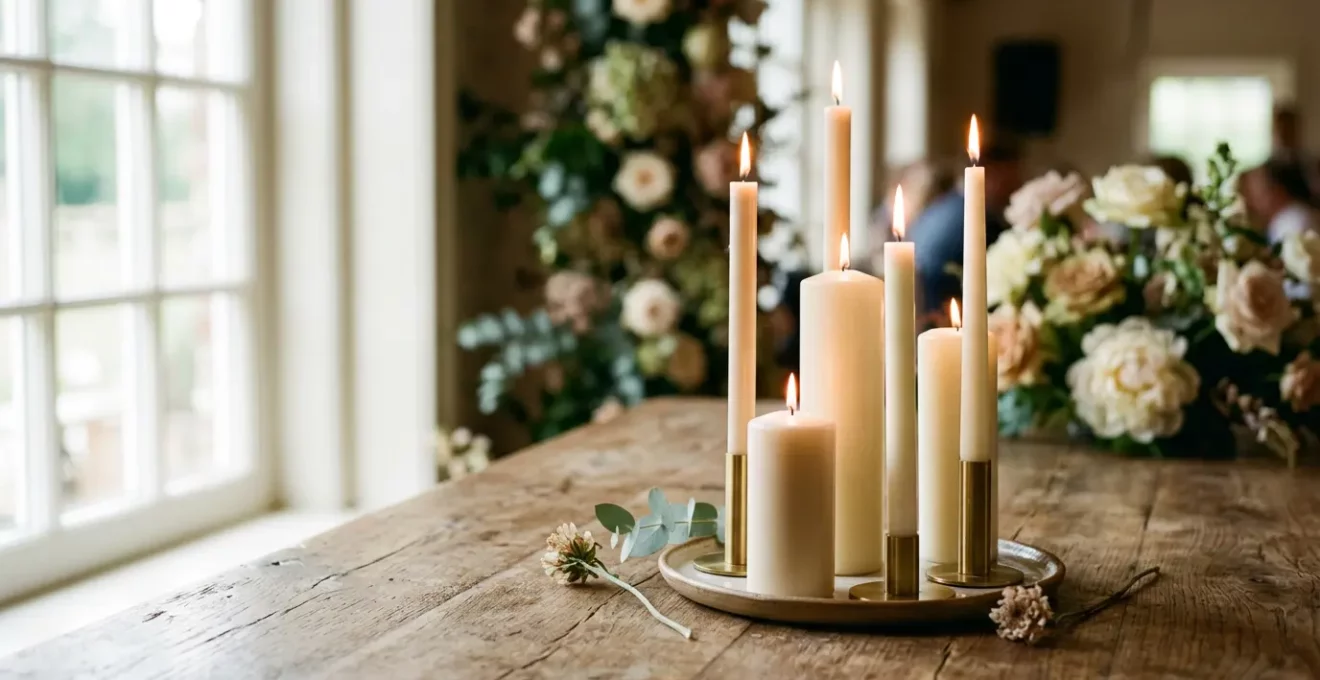 Composition élégante de bougies parfumées pour mariage avec équilibre olfactif