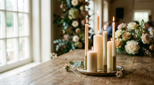 Composition élégante de bougies parfumées pour mariage avec équilibre olfactif