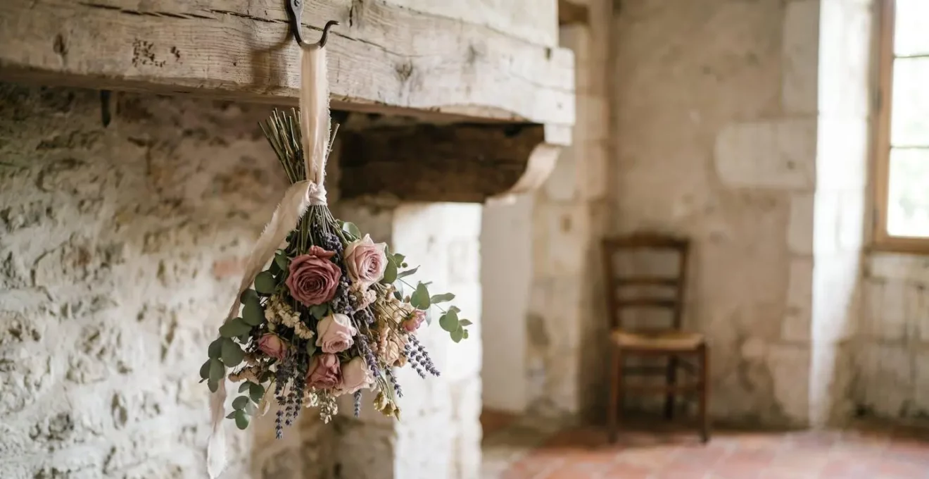 Bouquet de mariée séché suspendu délicatement pour conservation en souvenir