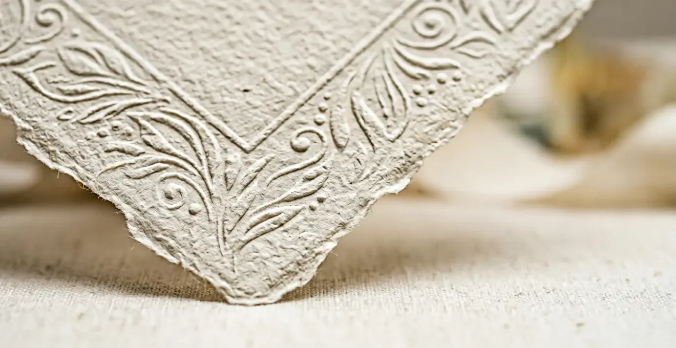 Détail d'une enveloppe de mariage élégante avec papier texturé haut de gamme sur fond neutre minimaliste