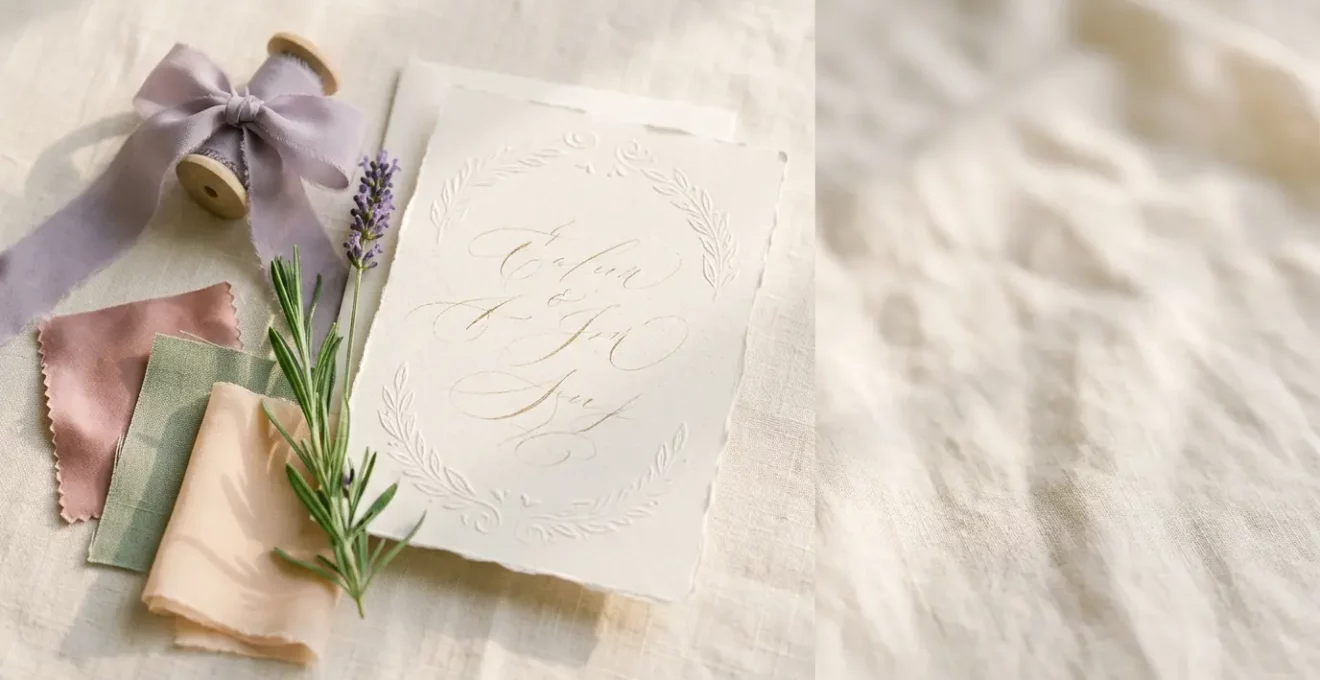 Scène élégante de communication autour d'un mariage avec invitation et détails raffinés