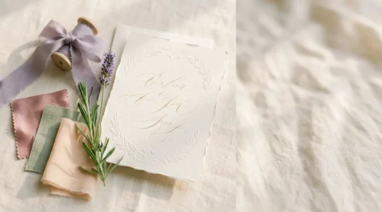 Scène élégante de communication autour d'un mariage avec invitation et détails raffinés