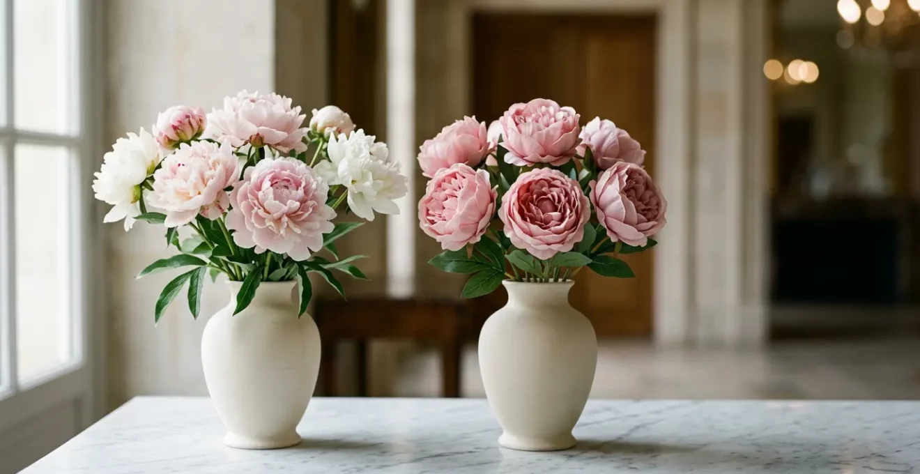 Composition florale mixte alliant fleurs naturelles et artificielles pour décoration de mariage élégant