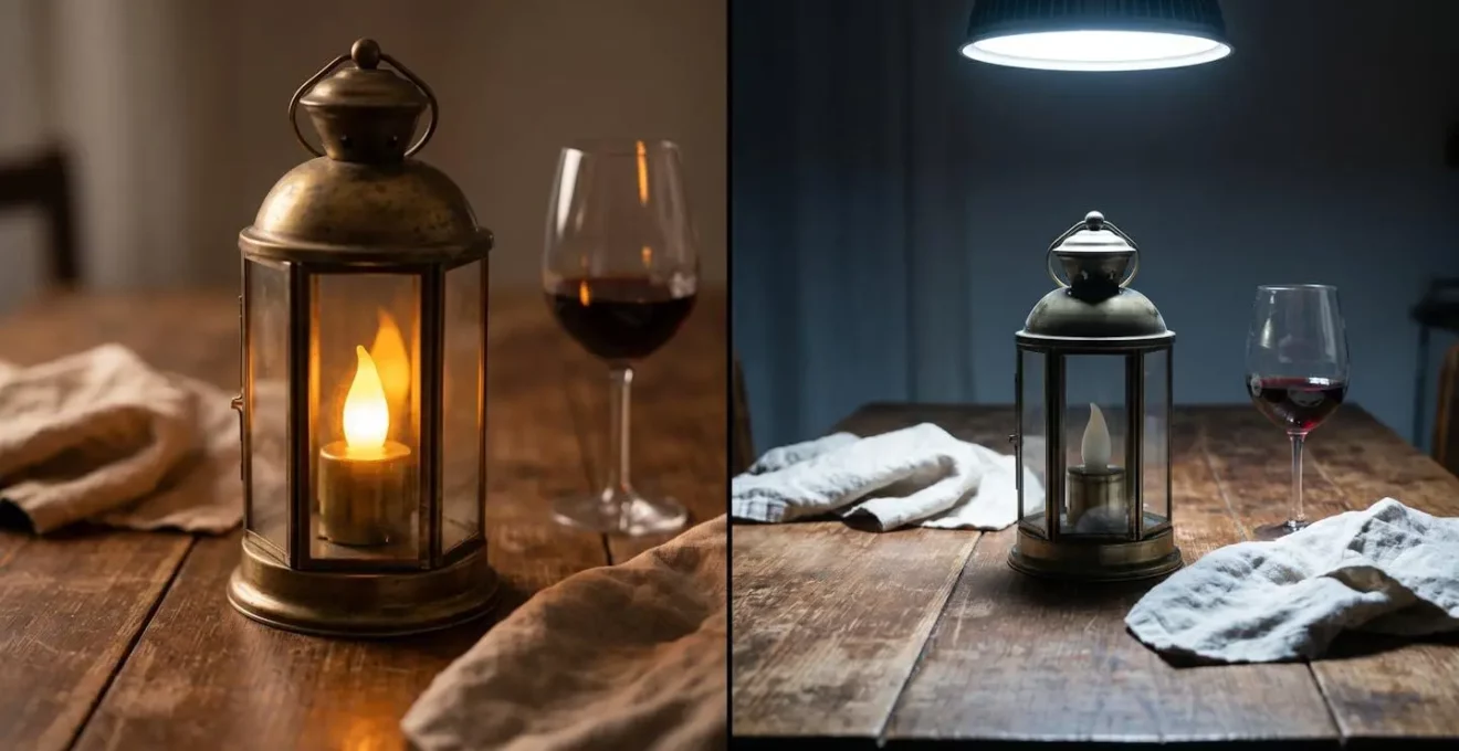 Contraste entre la lumière douce et chaleureuse d'une lanterne à bougie et l'éclairage froid d'un spot électrique