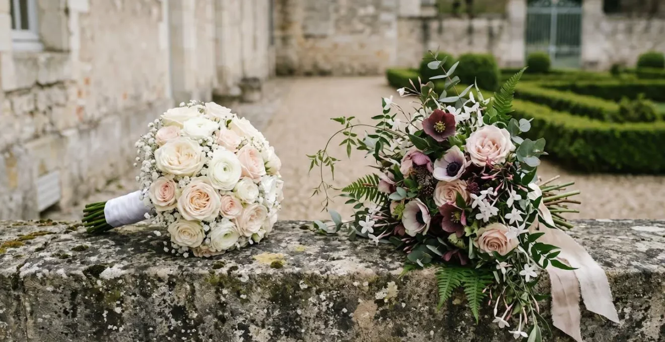 Deux styles de bouquets de mariage contrastés illustrant le choix entre tradition et modernité