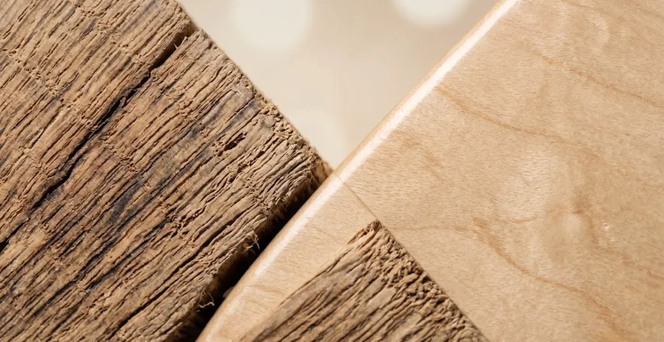 Gros plan sur les textures contrastées du chêne brut et du bouleau verni avec détails des cernes et finitions pour mariage champêtre chic
