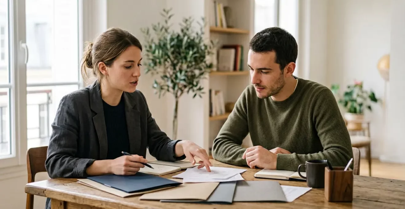 Couple français examinant des documents de contrats de mariage dans un environnement lumineux et épuré