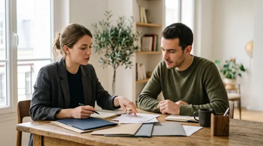 Couple français examinant des documents de contrats de mariage dans un environnement lumineux et épuré