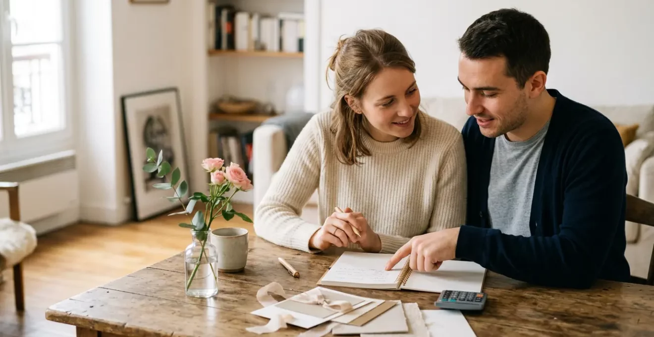 Couple planifiant leur budget de mariage avec documents financiers