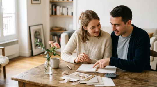 Couple planifiant leur budget de mariage avec documents financiers