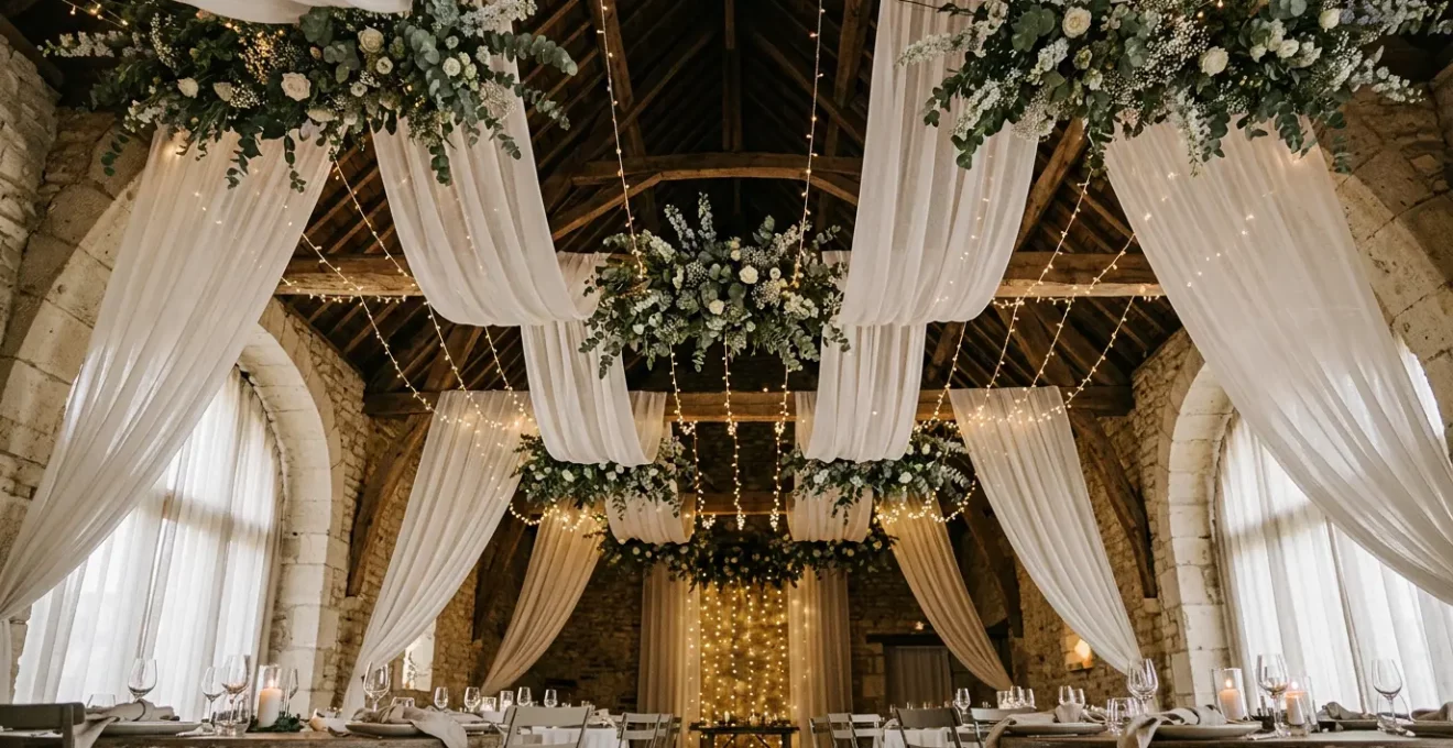 Décoration de plafond de salle de mariage avec suspensions florales et voilages créant une immersion verticale spectaculaire