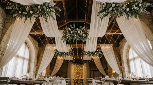 Décoration de plafond de salle de mariage avec suspensions florales et voilages créant une immersion verticale spectaculaire