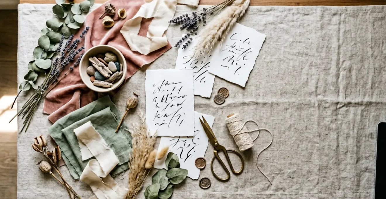 Moodboard créatif de mariage avec éléments organiques et palette de couleurs harmonieuse disposés avec intention sur une surface naturelle