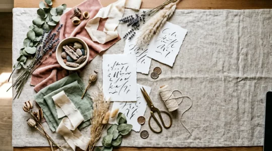 Moodboard créatif de mariage avec éléments organiques et palette de couleurs harmonieuse disposés avec intention sur une surface naturelle