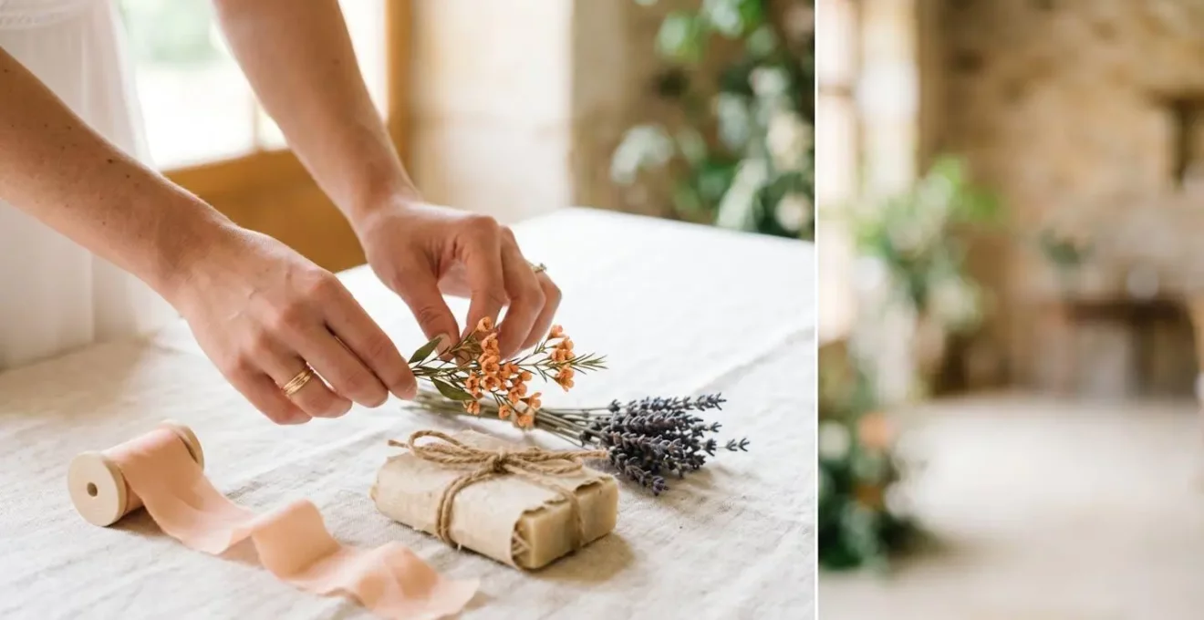 Détails délicats de mariage avec fleur d'oranger séchée, ruban de soie et savon artisanal disposés en nature morte lumineuse