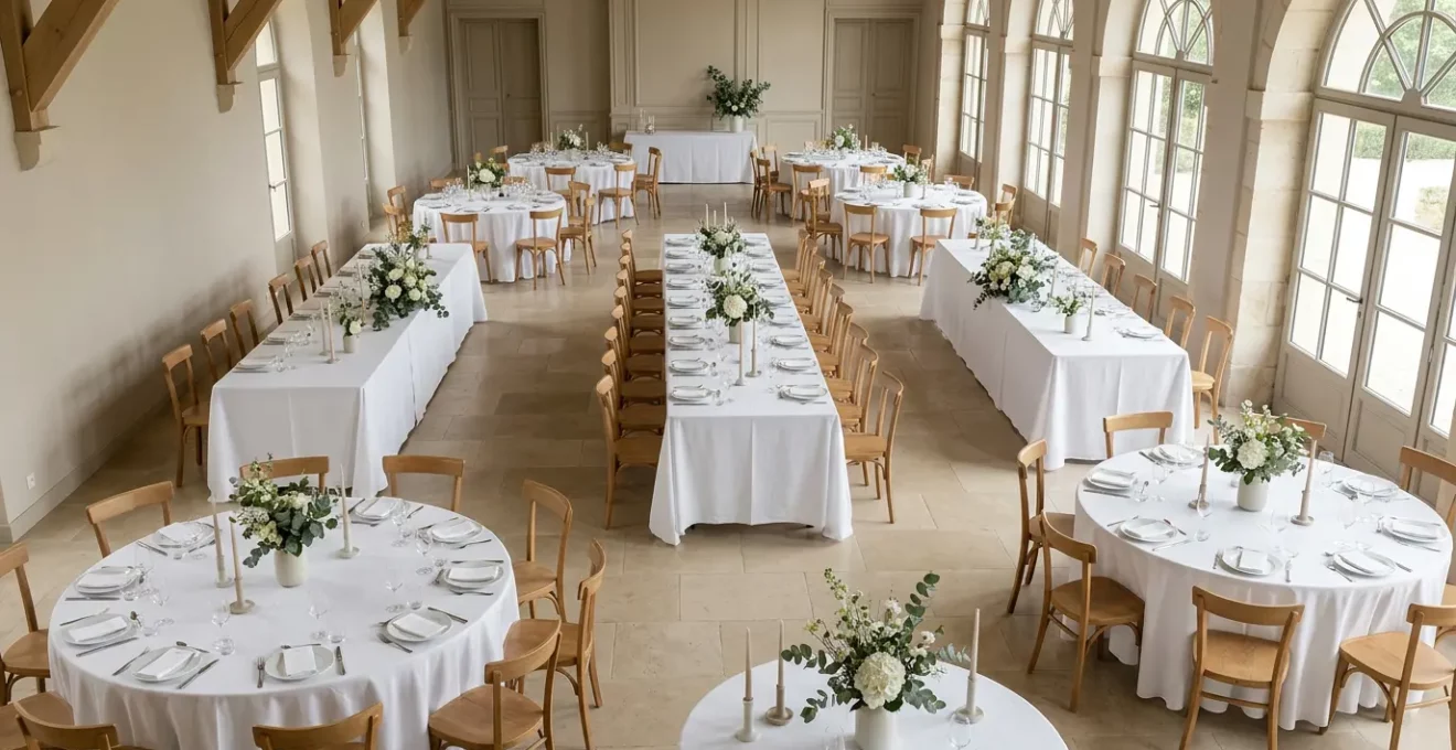 Disposition harmonieuse de tables rondes lors d'une réception de mariage favorisant les échanges entre convives