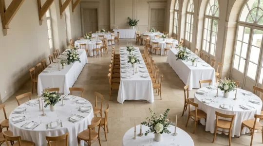 Disposition harmonieuse de tables rondes lors d'une réception de mariage favorisant les échanges entre convives