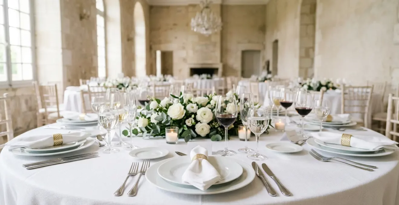 Décoration de table de mariage élégante avec porcelaine, couverts raffinés et fleurs fraîches
