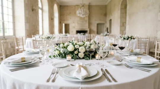 Décoration de table de mariage élégante avec porcelaine, couverts raffinés et fleurs fraîches