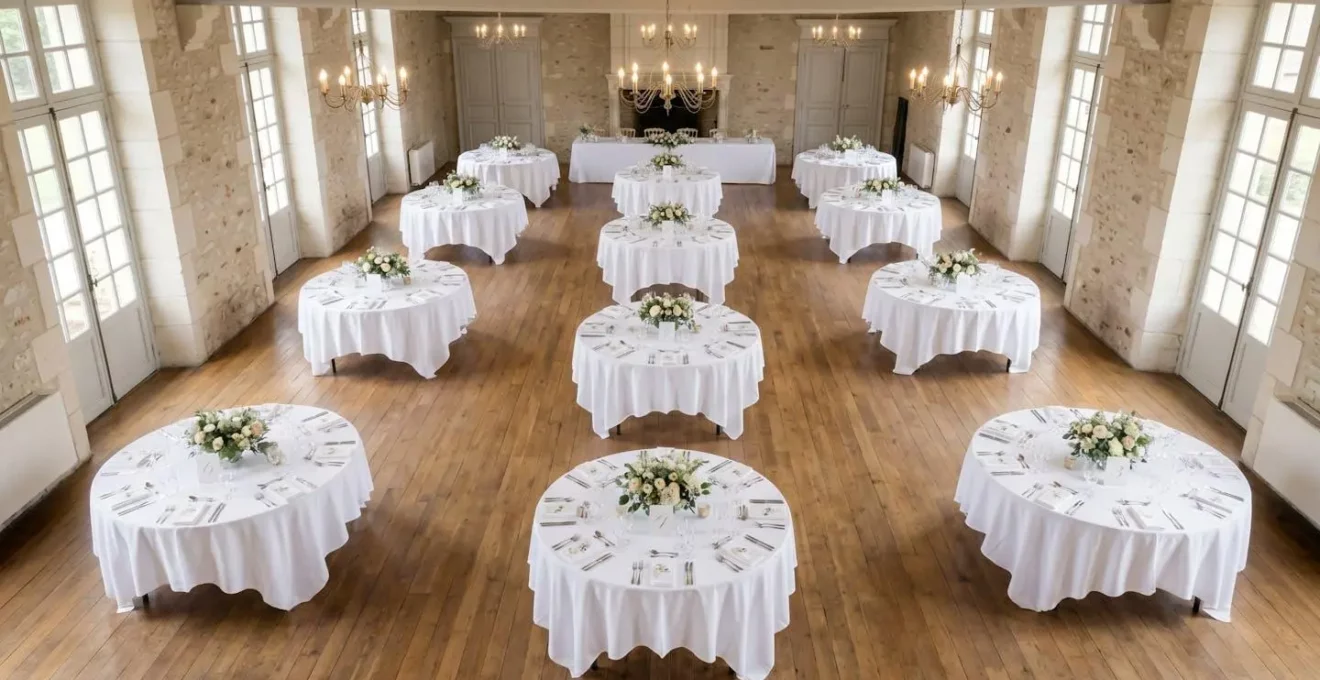 Vue d'ensemble d'une disposition de tables de mariage avec espacement optimal pour le service et l'acoustique