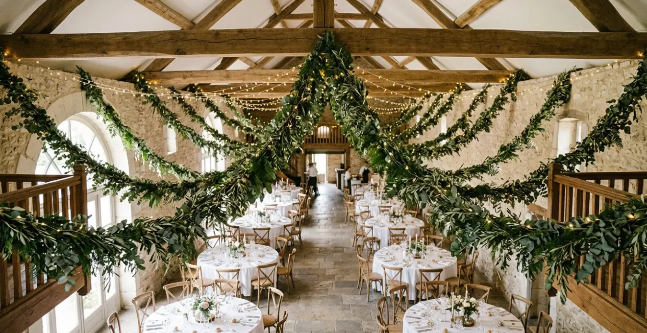 Vue d'ensemble d'une salle de réception de mariage décorée de guirlandes suspendues créant une continuité visuelle harmonieuse