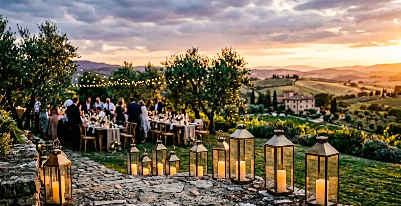 Lanternes décoratives illuminées au coucher du soleil créant une atmosphère magique pour un mariage en plein air