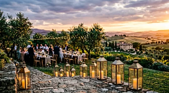 Lanternes décoratives illuminées au coucher du soleil créant une atmosphère magique pour un mariage en plein air