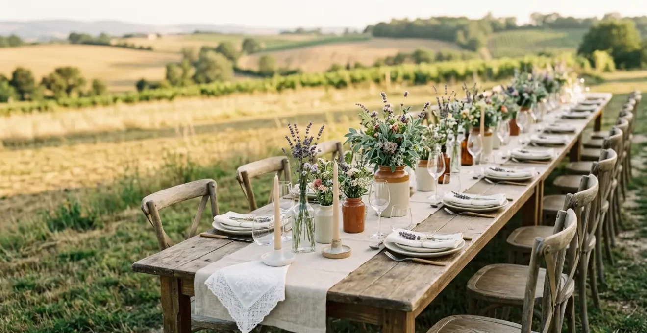Décoration de mariage champêtre élégante avec matériaux naturels et ambiance raffinée