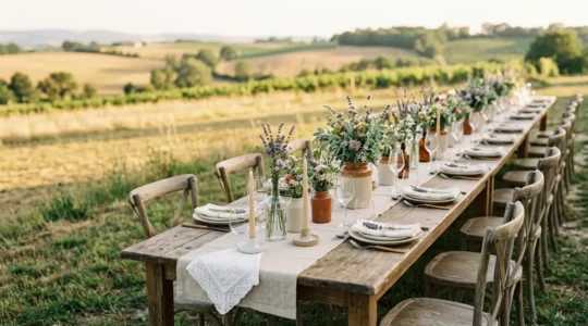 Décoration de mariage champêtre élégante avec matériaux naturels et ambiance raffinée