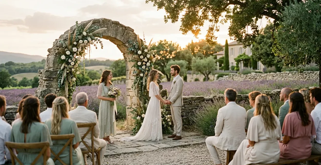 Cérémonie de mariage intimiste féérique dans un décor enchanteur avec lumière naturelle et atmosphère onirique