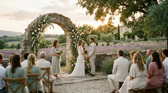 Cérémonie de mariage intimiste féérique dans un décor enchanteur avec lumière naturelle et atmosphère onirique