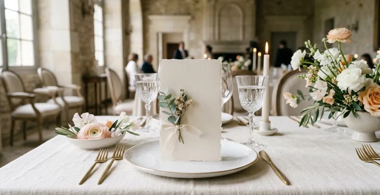 Menu de mariage élégant posé sur une table décorée avec des éléments floraux, incarnant l'art de la table à la française
