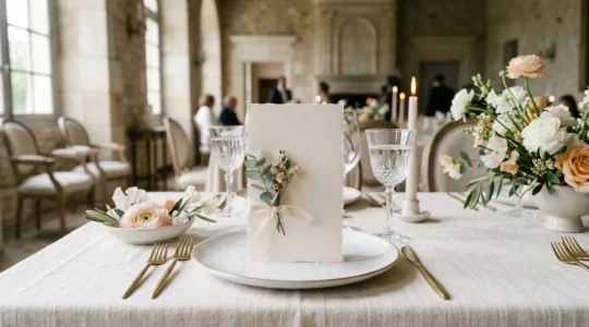 Menu de mariage élégant posé sur une table décorée avec des éléments floraux, incarnant l'art de la table à la française