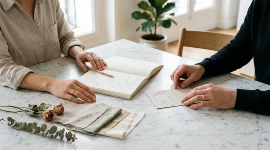 Couple utilisant une tablette pour organiser leur mariage de manière efficace