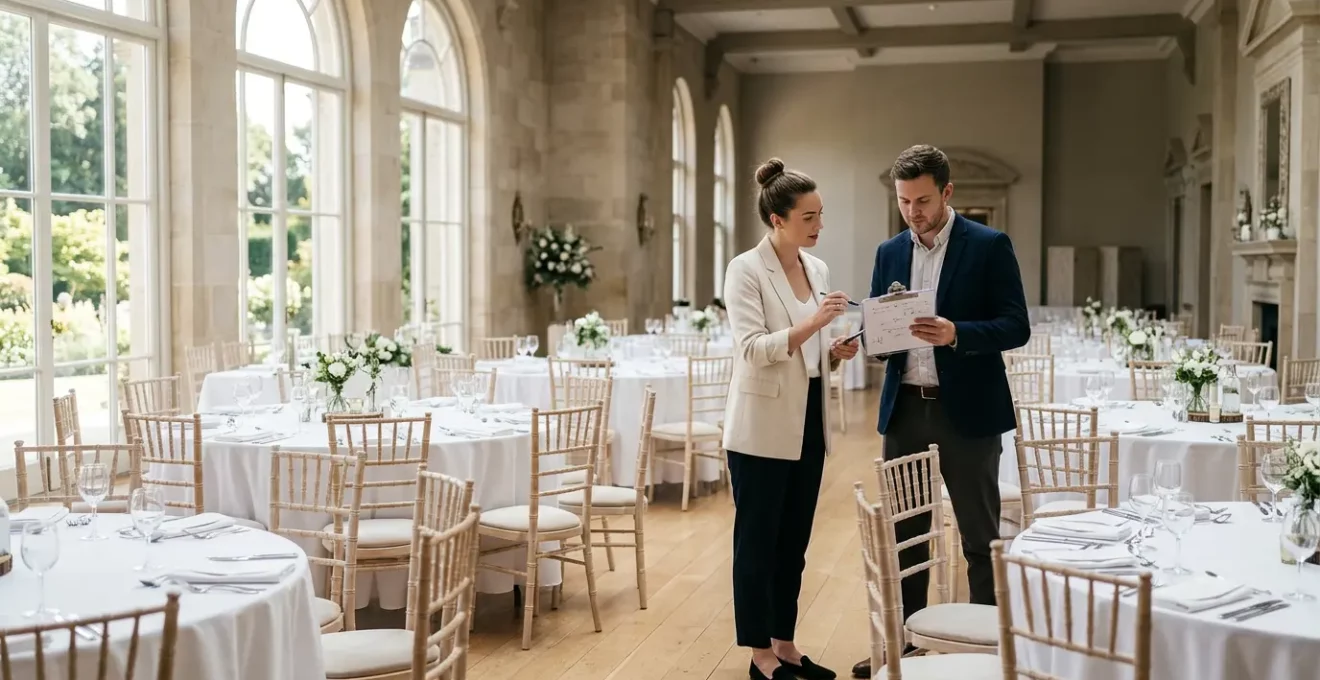 Organisation méticuleuse de la location de matériel de mariage avec calcul précis des quantités