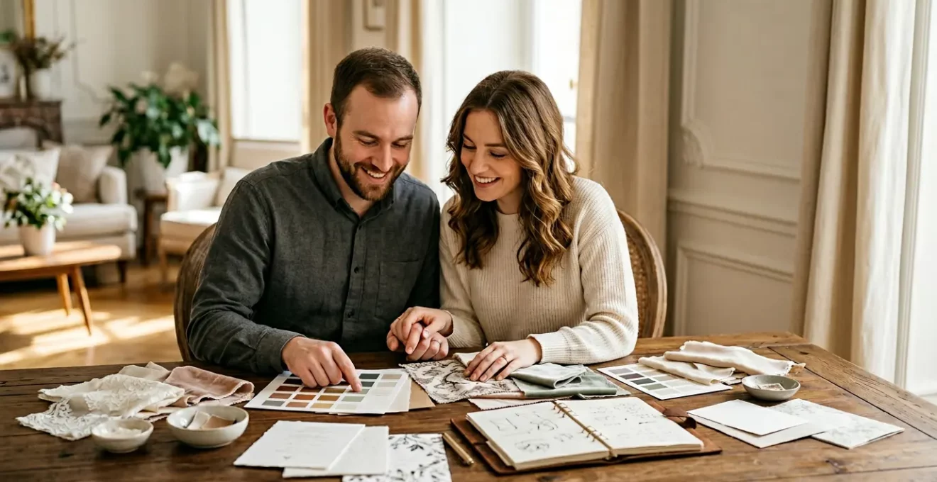 Couple préparant leur mariage avec un calendrier et des échantillons de décoration sur une table lumineuse