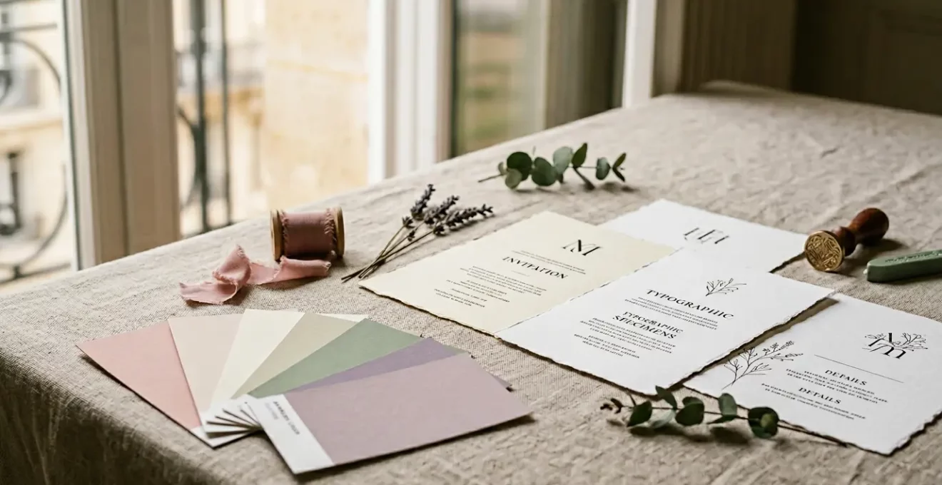 Mise en scène élégante de nuanciers de couleurs et d'échantillons typographiques pour la papeterie de mariage