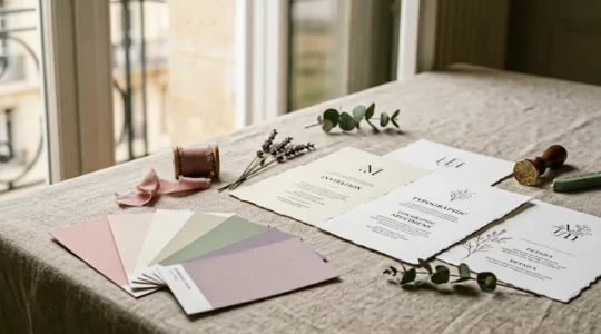 Mise en scène élégante de nuanciers de couleurs et d'échantillons typographiques pour la papeterie de mariage