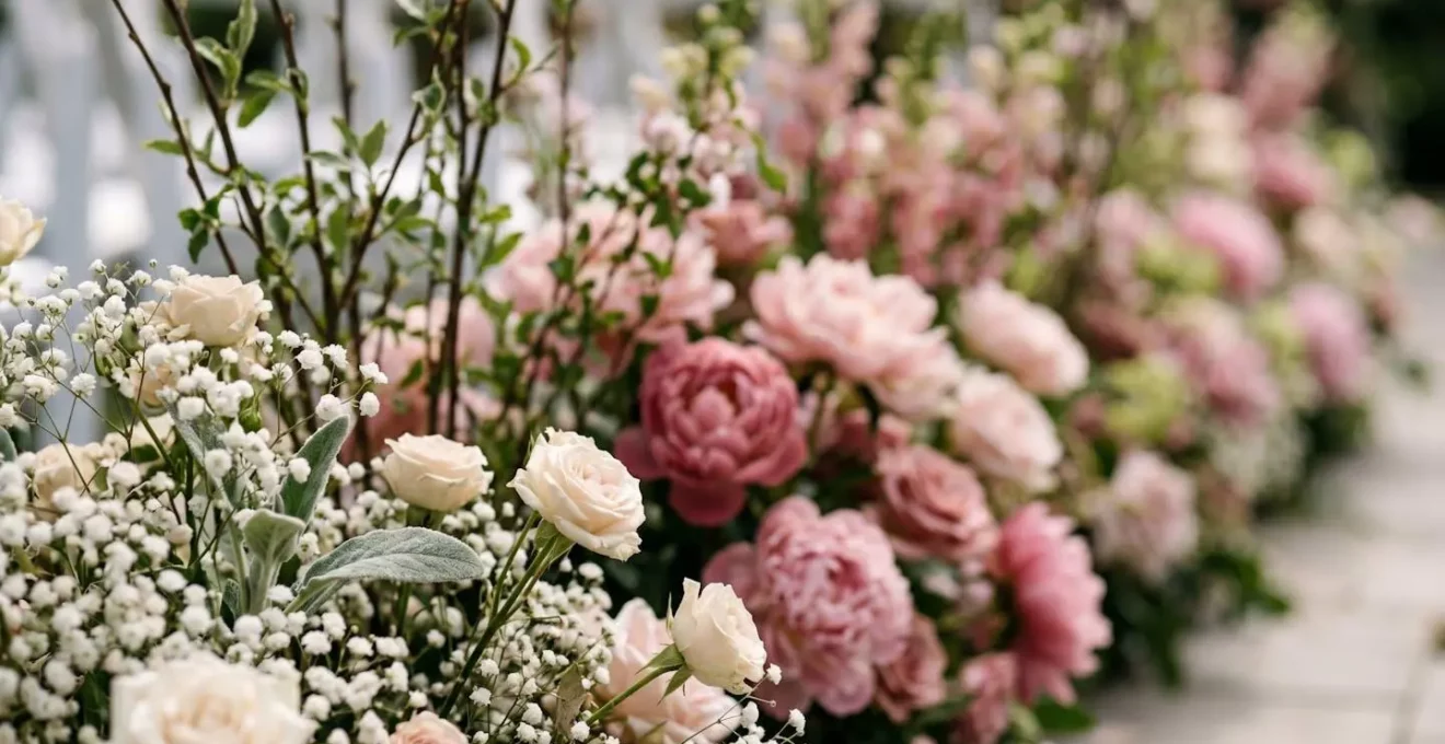 Technique de progression florale le long d'une allée de cérémonie avec densité croissante