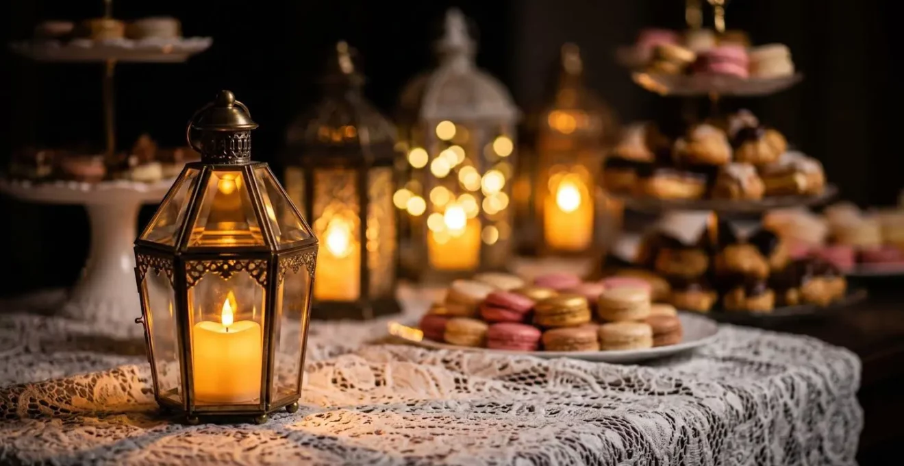 Moment révélation d'un buffet de desserts illuminé par l'allumage simultané de lanternes créant un effet théâtral