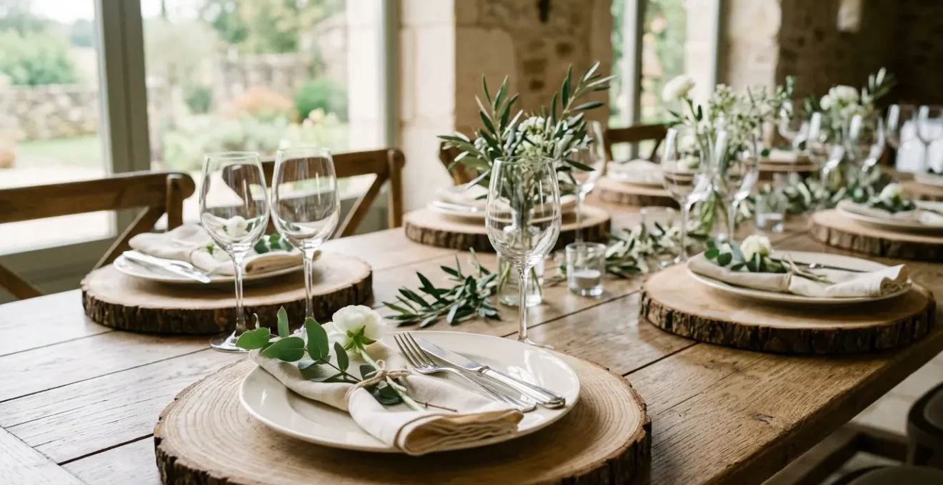 Rondelles de bois naturel disposées sur une table de mariage champêtre avec fleurs délicates et verrerie raffinée pour un effet élégant et authentique