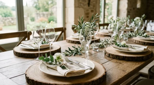 Rondelles de bois naturel disposées sur une table de mariage champêtre avec fleurs délicates et verrerie raffinée pour un effet élégant et authentique