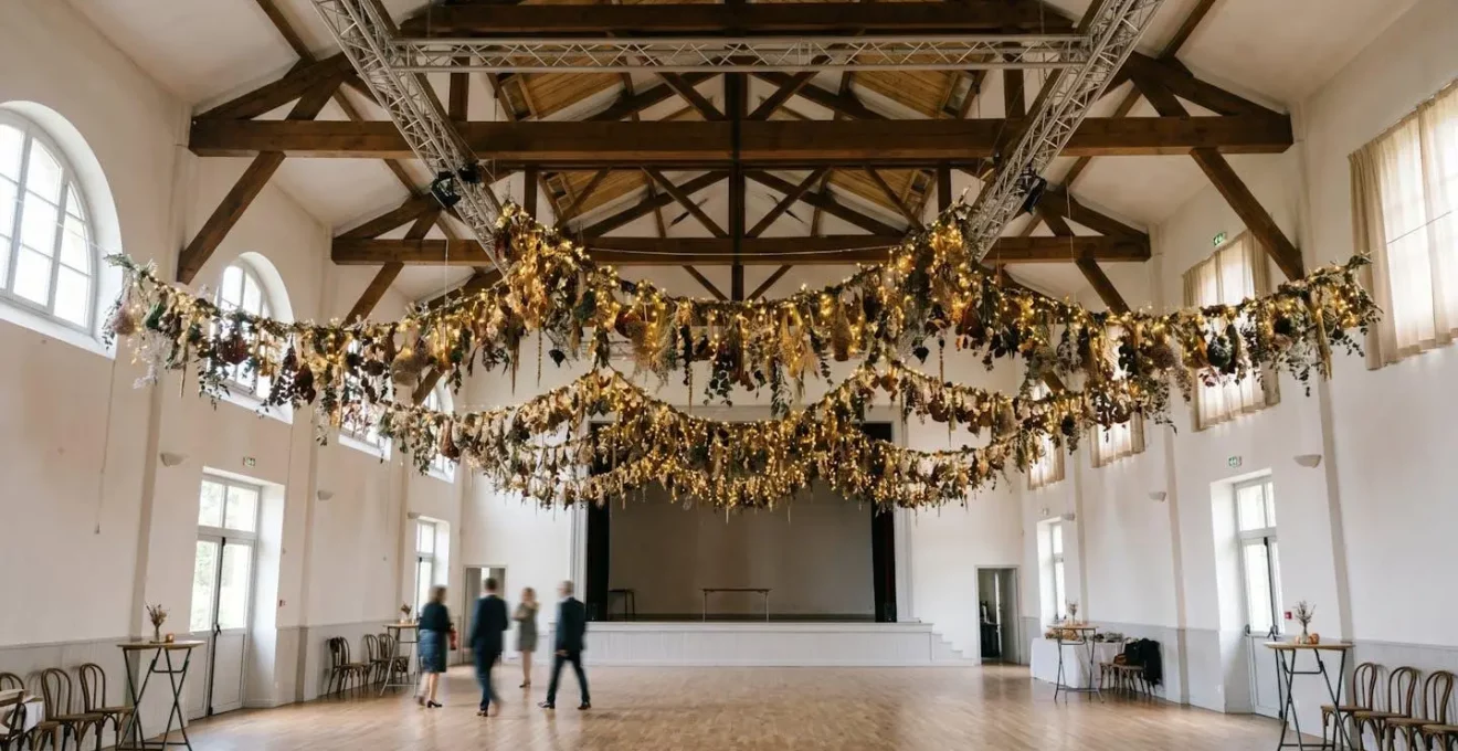 Salle de réception française avec guirlandes suspendues créant un effet de volume et de hauteur