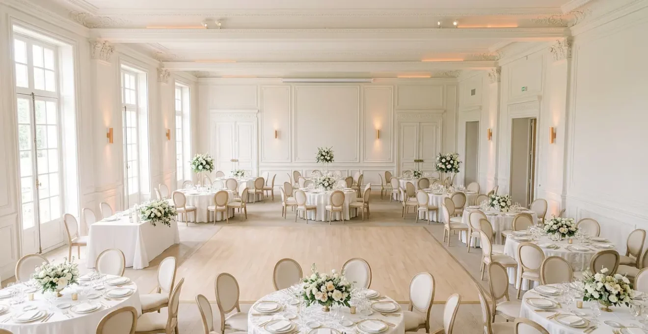 Salle de réception de mariage élégante avec tables dressées pour 100 invités