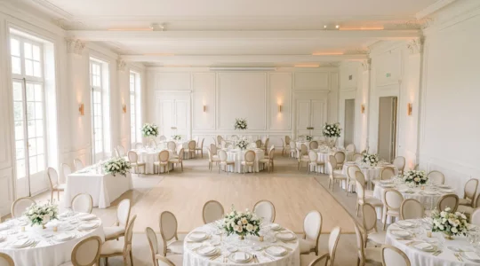 Salle de réception de mariage élégante avec tables dressées pour 100 invités