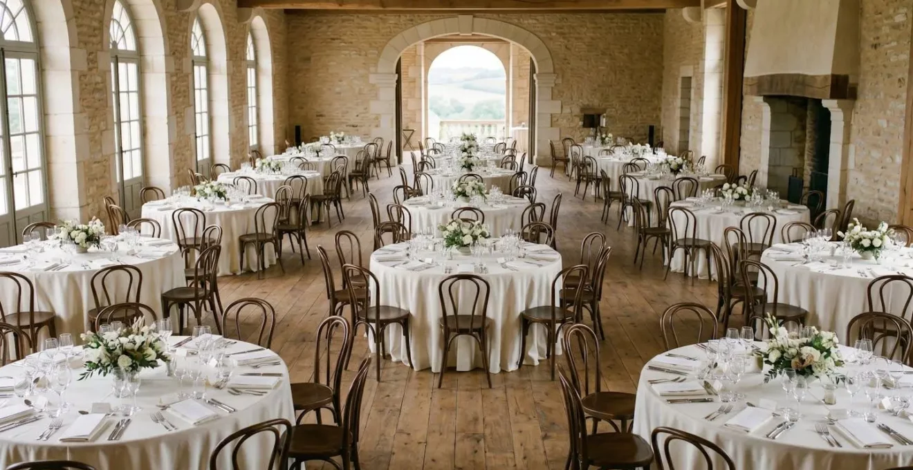 Vue d'ensemble d'une salle de mariage élégamment aménagée avec tables rondes espacées, perspective architecturale