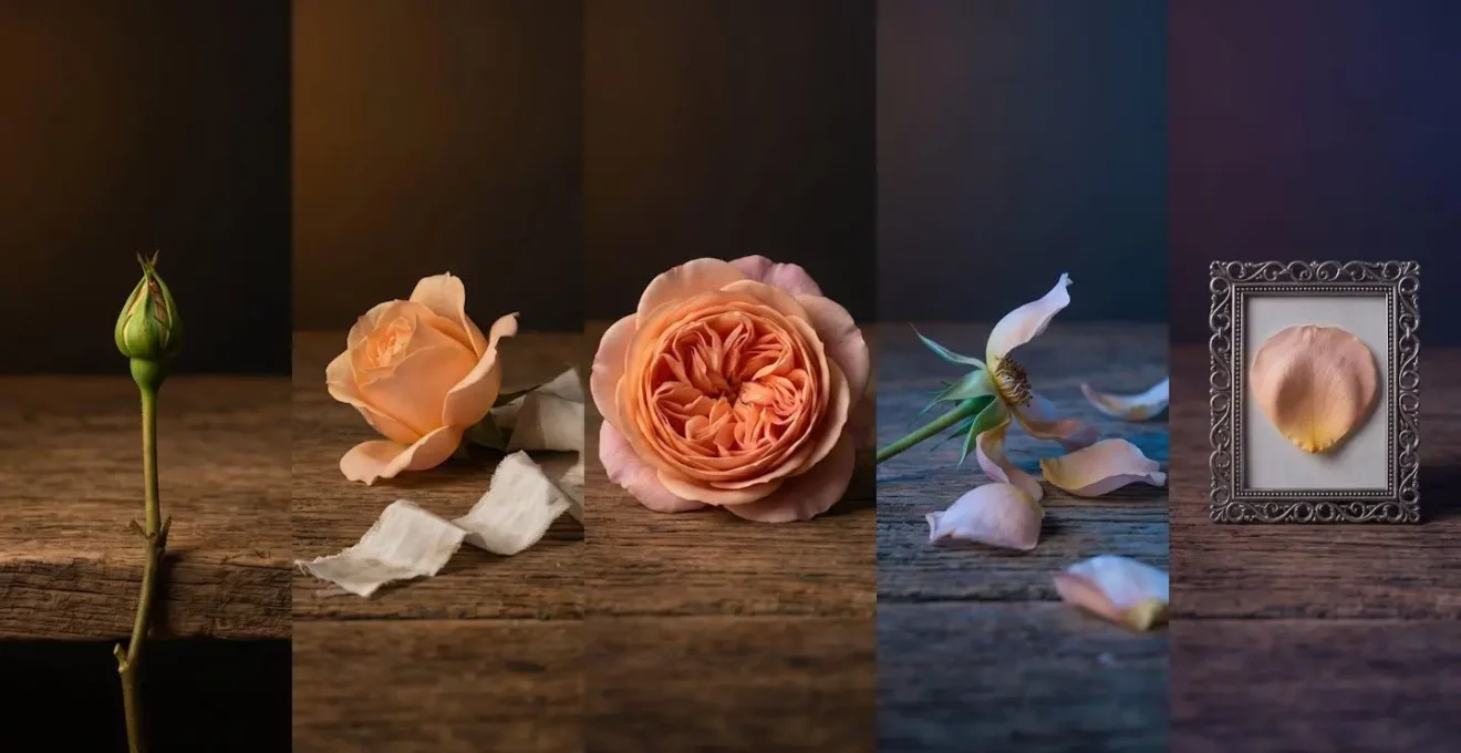 Représentation symbolique de l'évolution émotionnelle d'une journée de mariage à travers cinq moments distincts